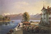 Gabriel Lory fils View of the old lock Schadau in Thun oil painting